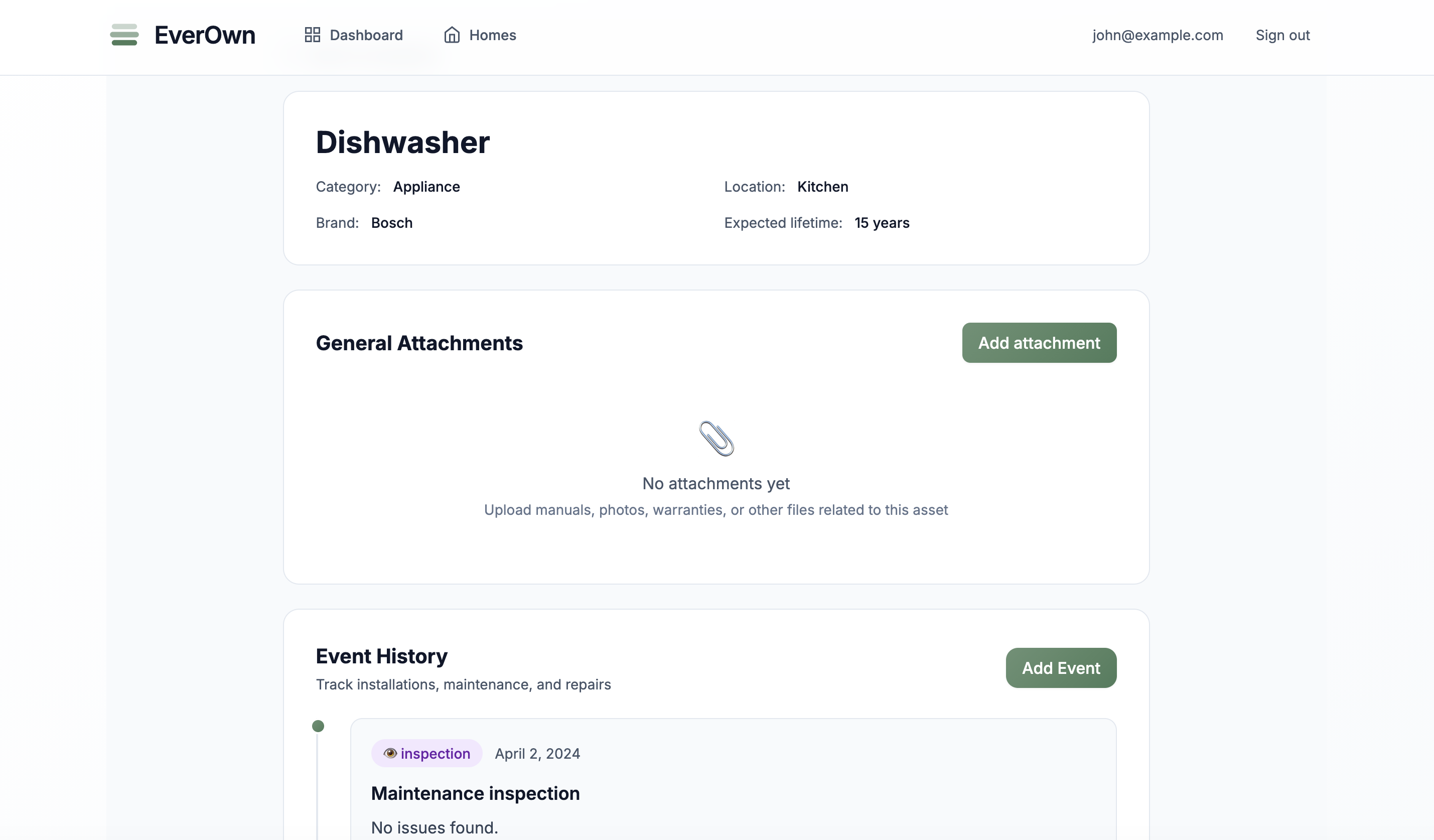 Asset detail with timeline events and attached documents