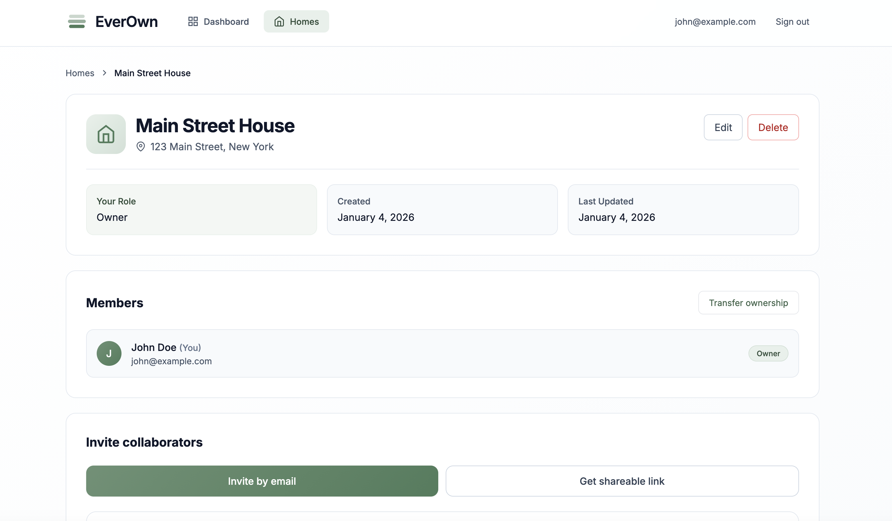 Woningoverzicht met bezittingenlijst en tijdlijnpreview